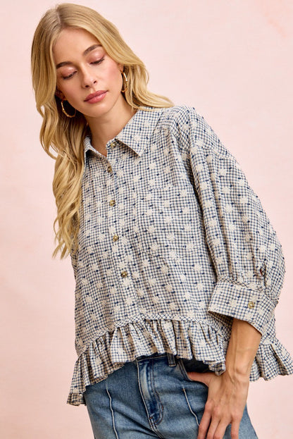 BiBi Floral Embroidery Grid Checked Ruffled Hem Button-Up Top in Navy
