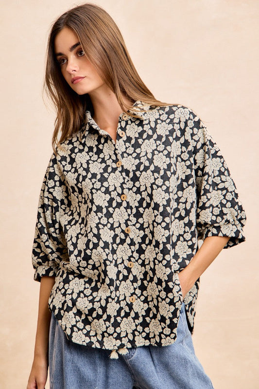 BiBi Floral Jacquard Dolman Sleeve Top in Black/Light Grey
