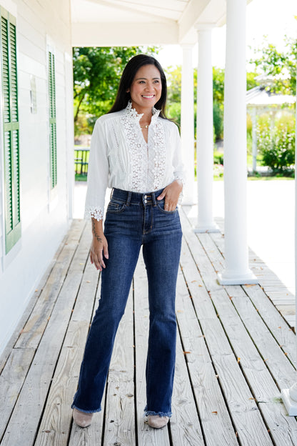 Restock! Judy Blue Feeling Fine Dark Wash High Rise Non Distressed Vintage Frayed Hem Bootcut Jeans