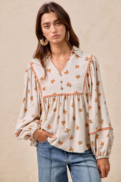 BiBi Small Flower Print Top with Ric Rac Trim Detail in Oatmeal/Orange