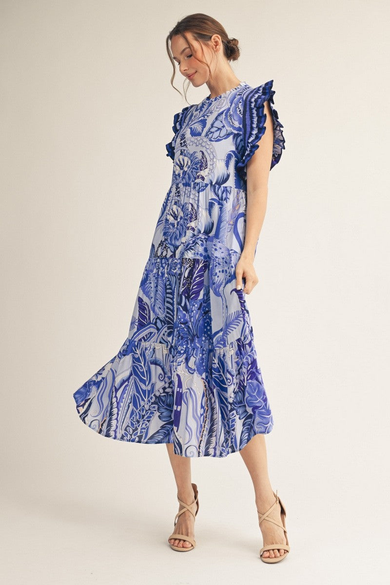 Jodifl Boho Tropical Print Midi Dress in Blue Mix