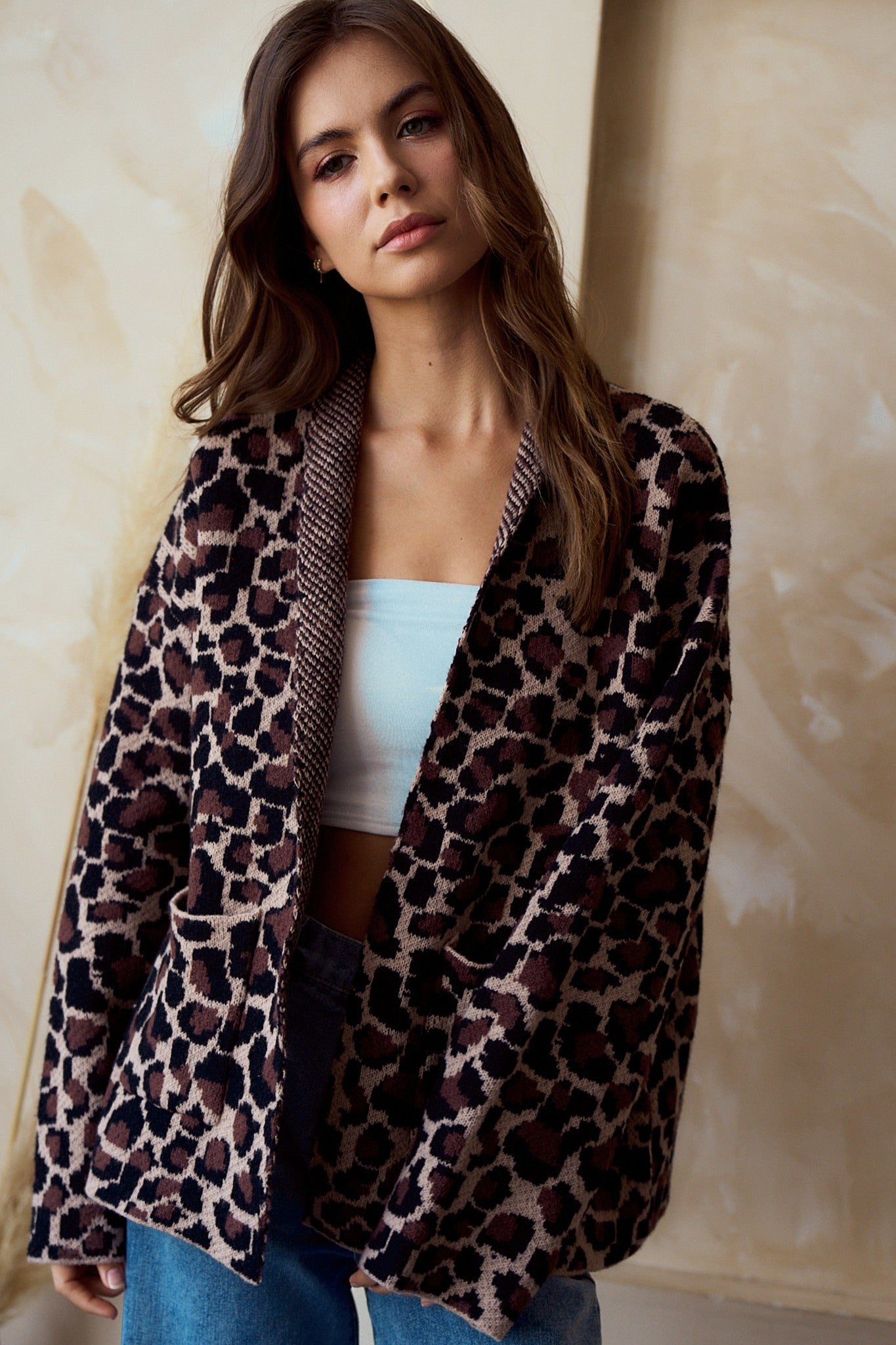 LovLov Open Front Sweater Knit Cardigan in Leopard Mocha