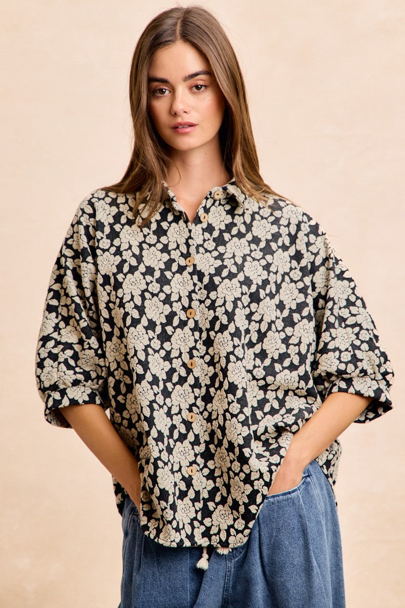 BiBi Floral Jacquard Dolman Sleeve Top in Black/Light Grey