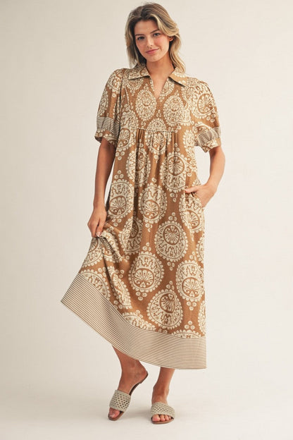 Jodifl Geometric Floral Print Midi Dress in Caramel