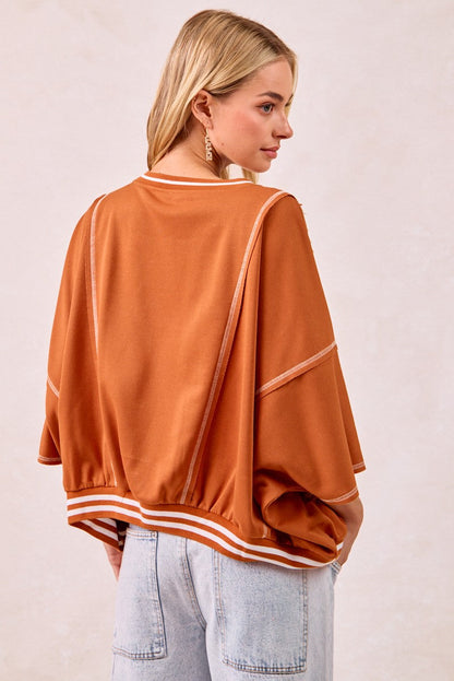 BiBi OVERSIZED French Terry Top with GAME DAY Letter Patchwork Front in Burnt Orange/White