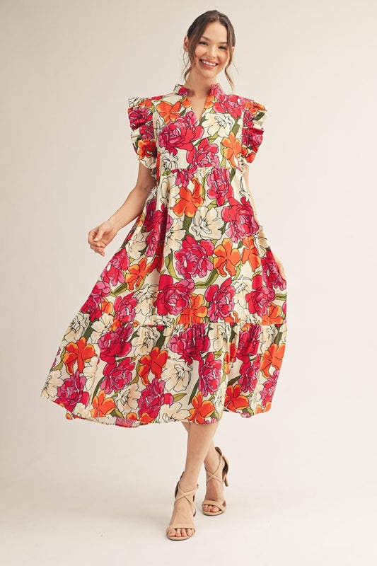 Jodifl Ruffle Sleeve Floral Midi Dress in Red ON ORDER