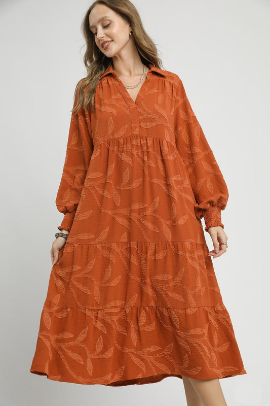 Umgee Solid Color Textured Leaf Pattern Midi Dress in Rust