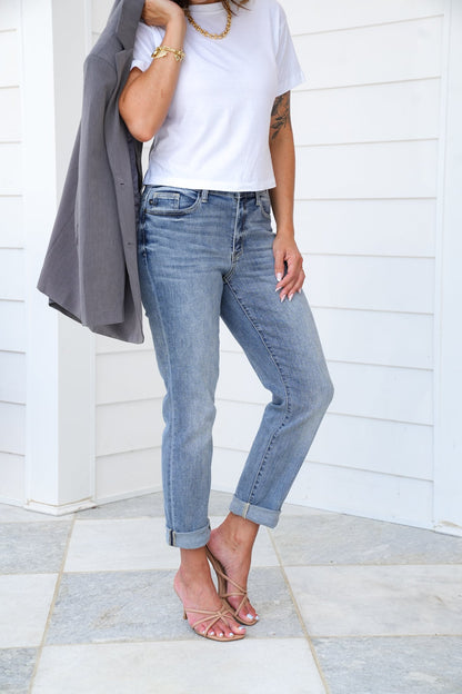 Judy Blue Work From Home Mid Rise Bleach Washed Boyfriends