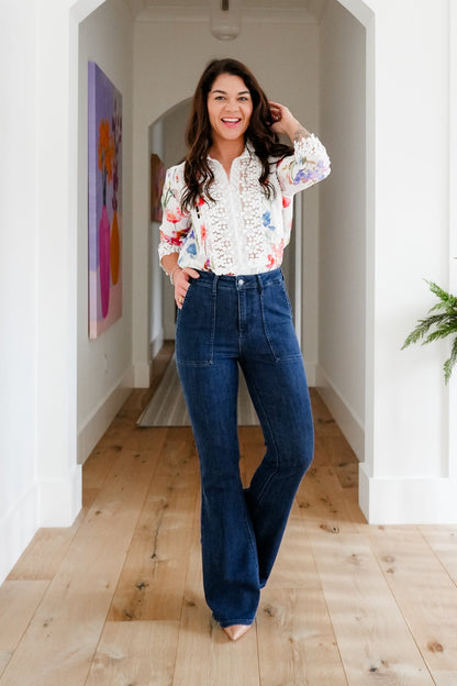 Judy Blue High Rise Dark Wash Flare Jeans with Patch Pockets
