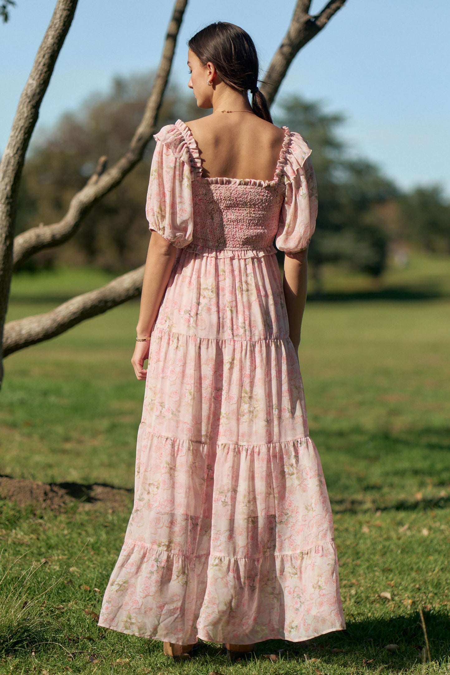 Davi & Dani Smocked Bodice Floral Print Maxi Dress in Pink