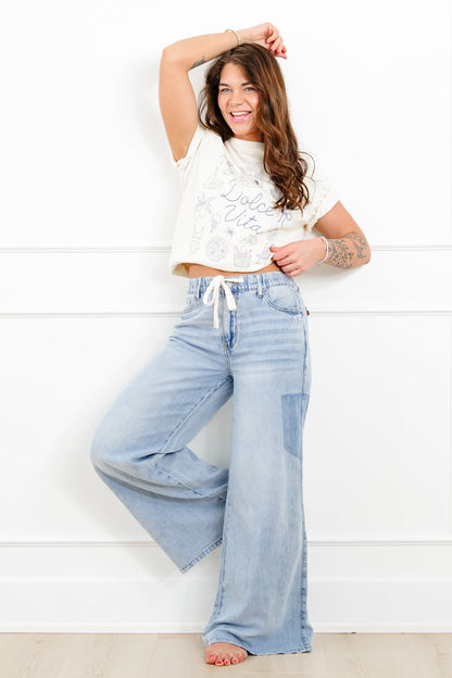 Judy Blue High Rise Light Wash Elastic Waistband Featherweight Palazzo Jeans with Shadow Pockets