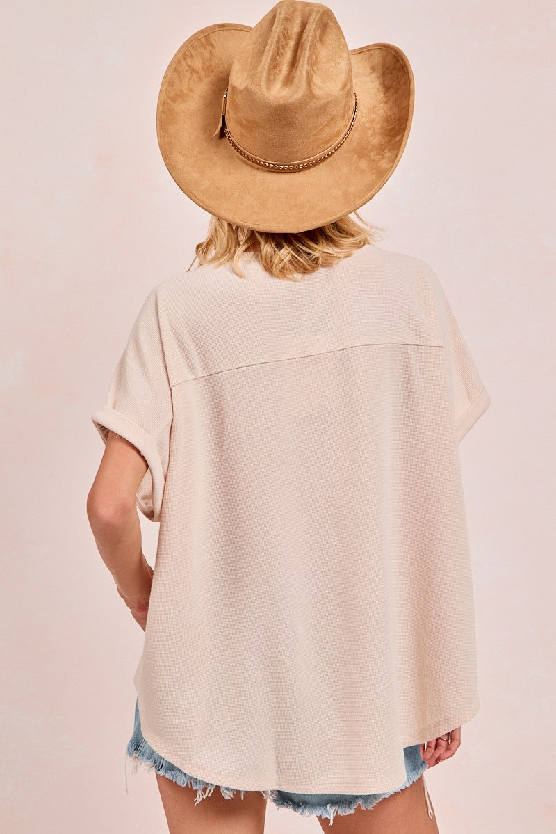 BiBi Solid Color Waffle Knit Top with Football Patch Front in Oatmeal