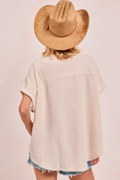 BiBi Solid Color Waffle Knit Top with Football Patch Front in Oatmeal