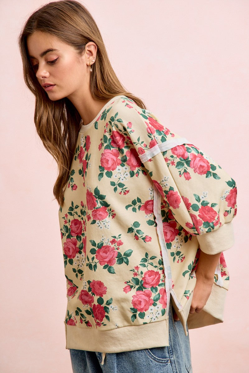 BiBi Rose Printed Terry Knit Relaxed Top in Cream ON ORDER