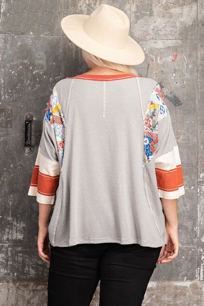 Easel Pin Stripe Top with Mixed Print Design in Heather Grey
