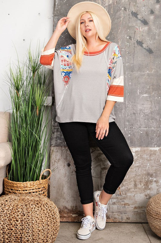 Easel Pin Stripe Top with Mixed Print Design in Heather Grey