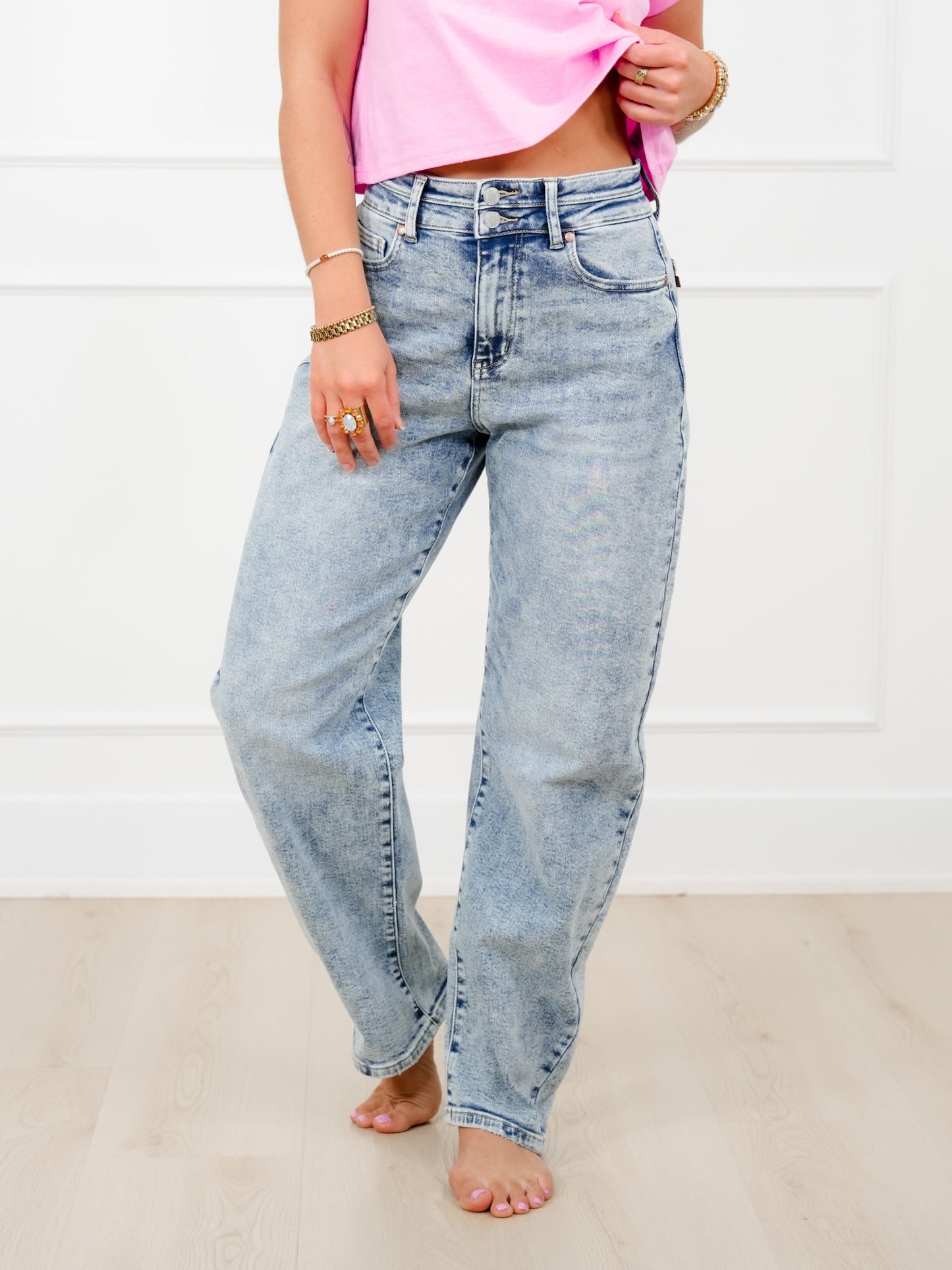 Judy Blue High Rise Light Wash Double Waist Band Marlow Arc Leg