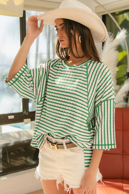 BiBi Textured Striped Top in Jade