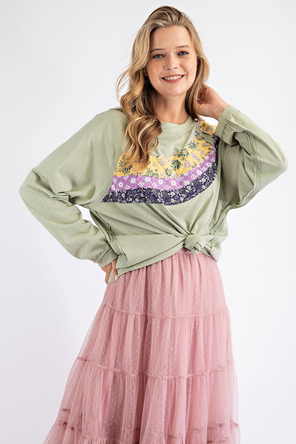 Easel Mixed Floral Pattern Top in Sage