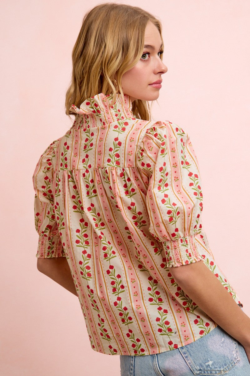 BiBi Floral Printed Ruffled Puff Sleeve Top in Red