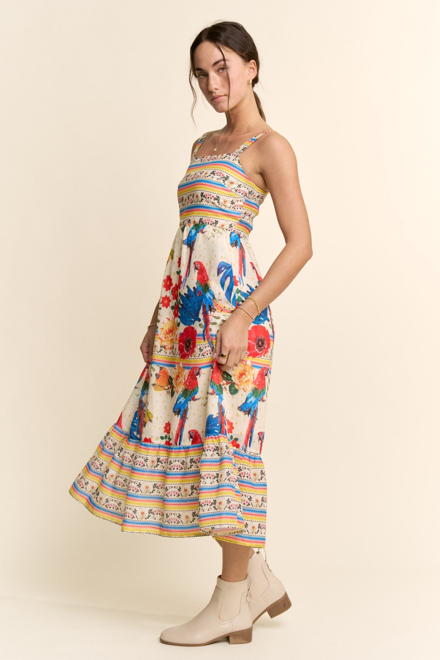 Davi & Dani Parrot Print Maxi Dress in Cream Beige Multi