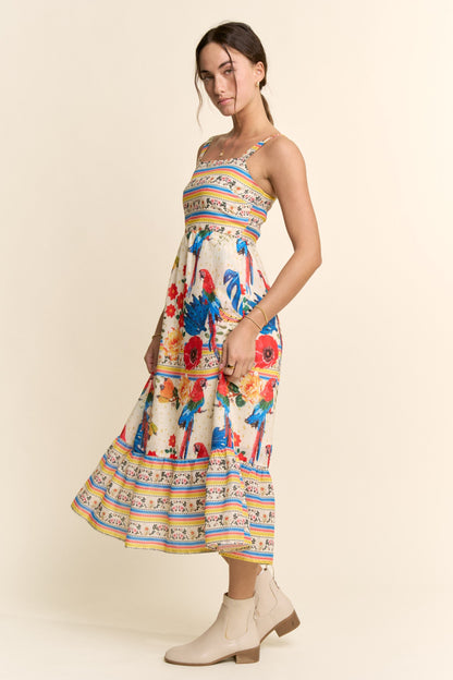 Davi & Dani Parrot Print Maxi Dress in Cream Beige Multi