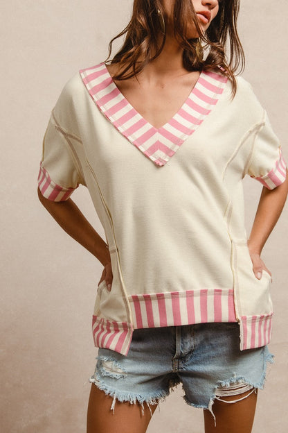 BiBi Solid Color French Terry Top with Contrasting Stripe Pattern in Ivory/Pink
