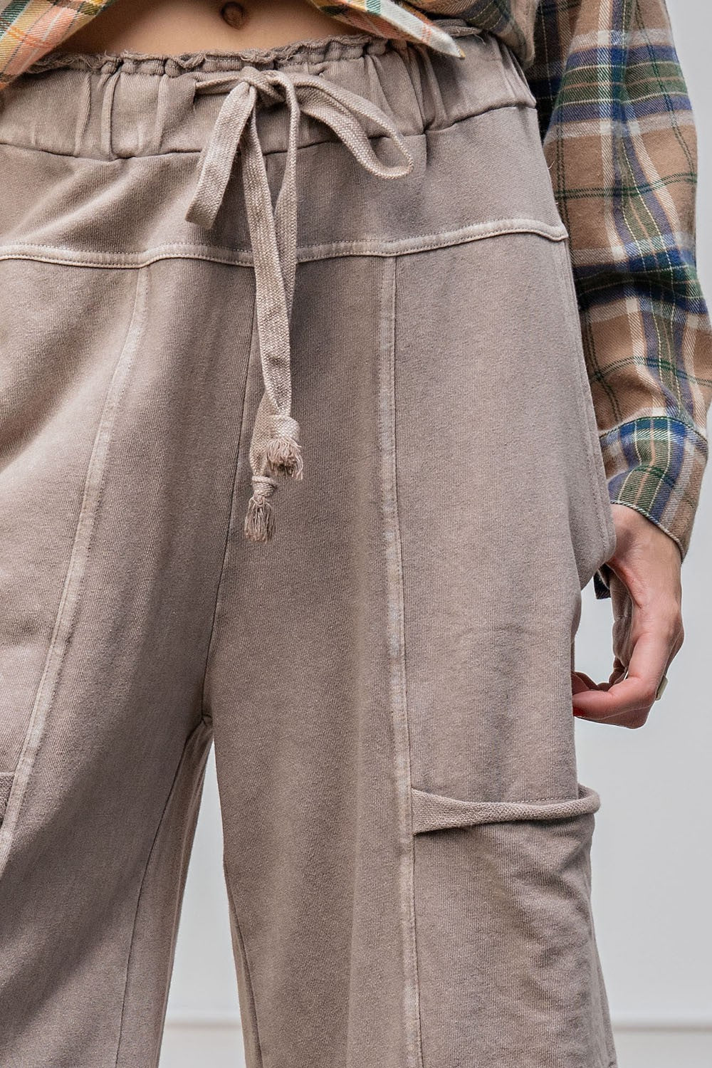 Easel Mineral Washed Terry Knit Pants in Mushroom