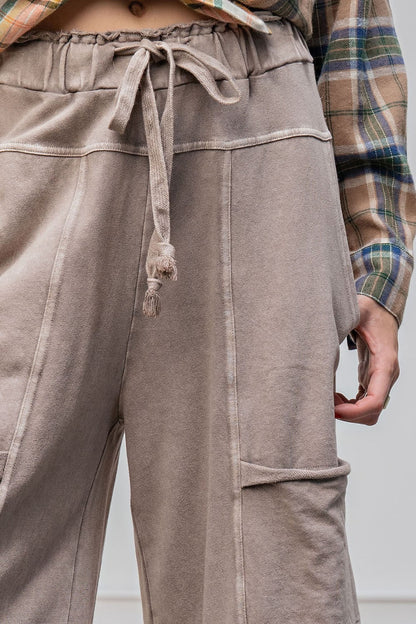 Easel Mineral Washed Terry Knit Pants in Mushroom