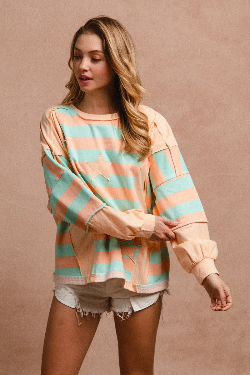 BiBi Striped and Star Patched Top in Peach/Mint