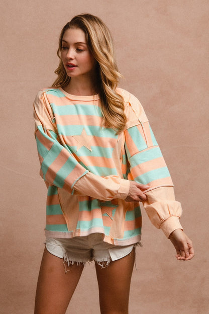 BiBi Striped and Star Patched Top in Peach/Mint