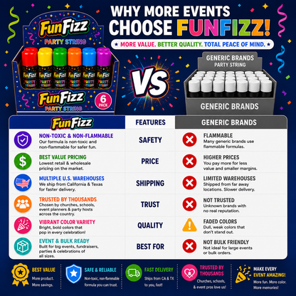 FunFizz Party String Spray (6 Pack) – Non-Toxic Color String Aerosol for Birthday Parties, Weddings, Celebrations, School Events & Festive Occasions