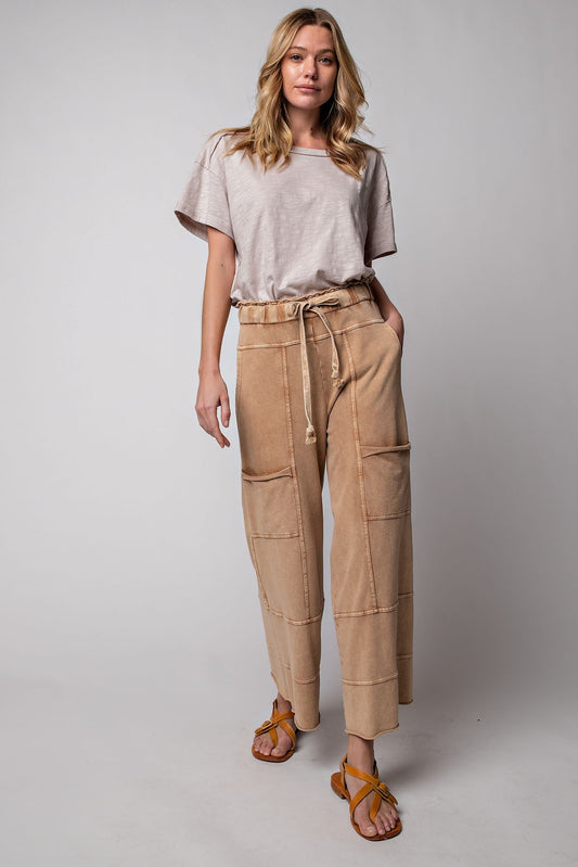 Easel Mineral Washed Terry Knit Pants in Camel