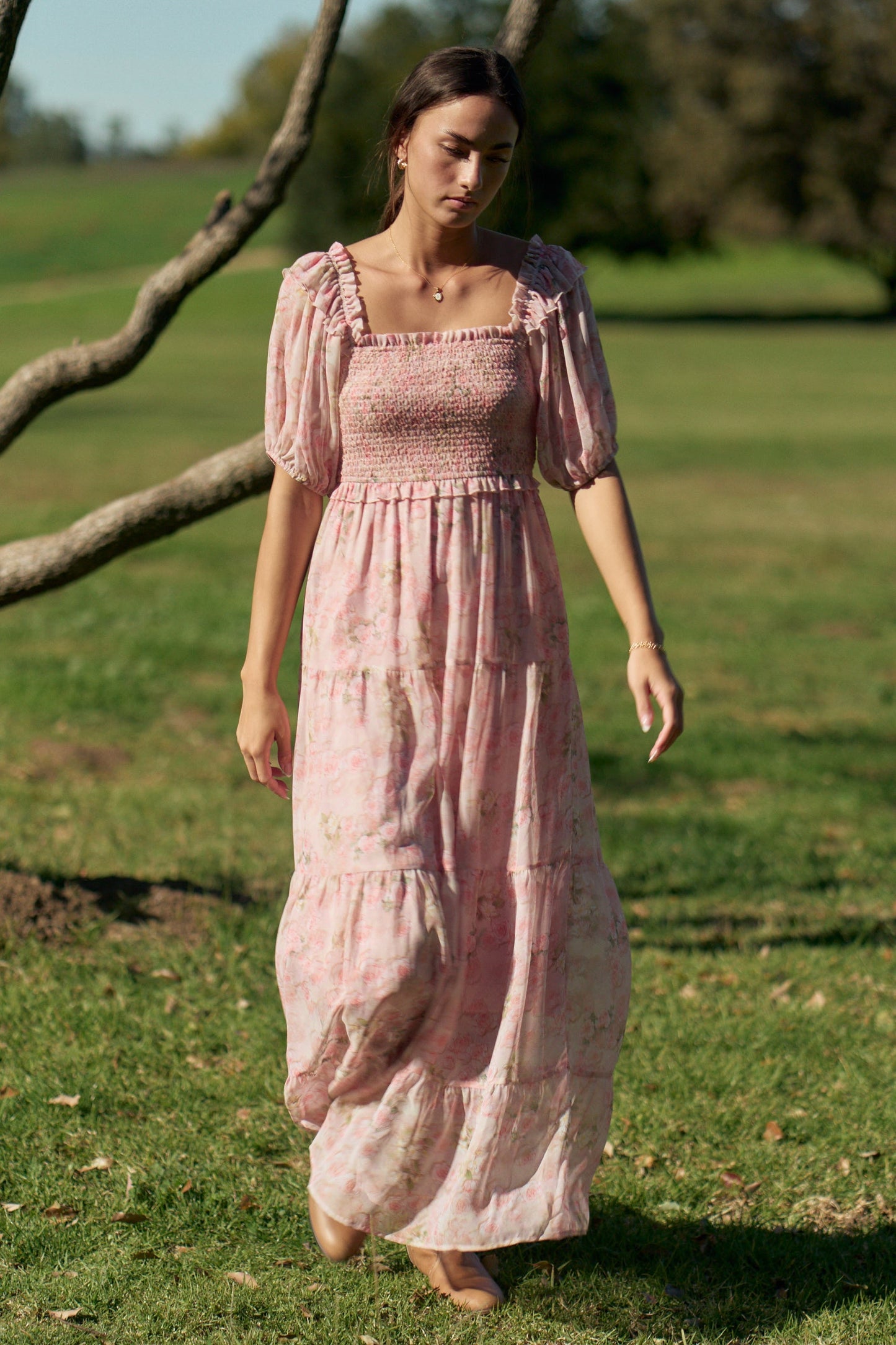 Davi & Dani Smocked Bodice Floral Print Maxi Dress in Pink