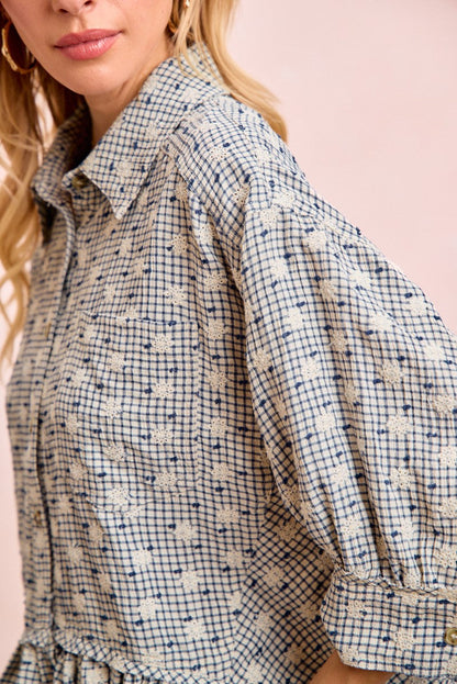 BiBi Floral Embroidery Grid Checked Ruffled Hem Button-Up Top in Navy
