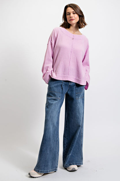 Easel Cotton Gauze Long Sleeve Top in Lilac Pink