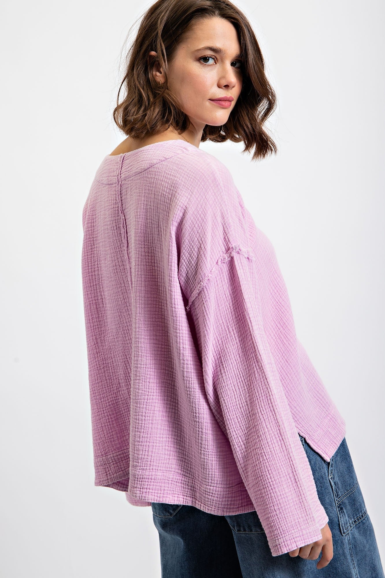 Easel Cotton Gauze Long Sleeve Top in Lilac Pink