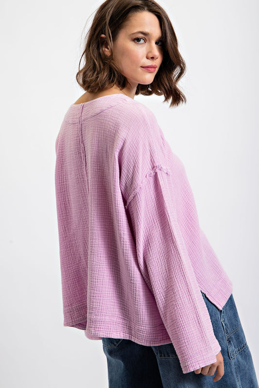 Easel Cotton Gauze Long Sleeve Top in Lilac Pink