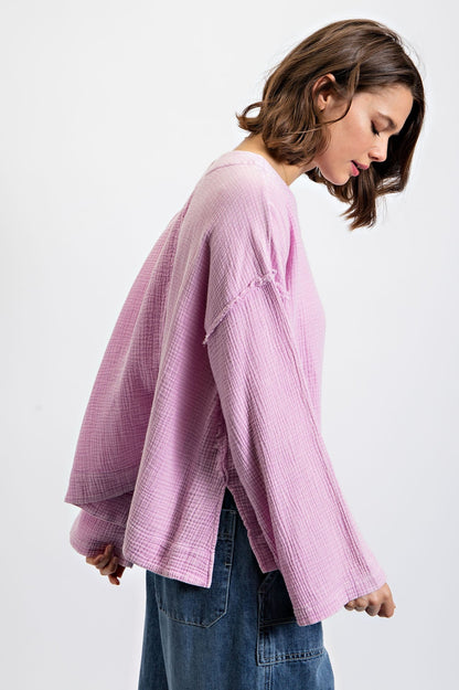 Easel Cotton Gauze Long Sleeve Top in Lilac Pink