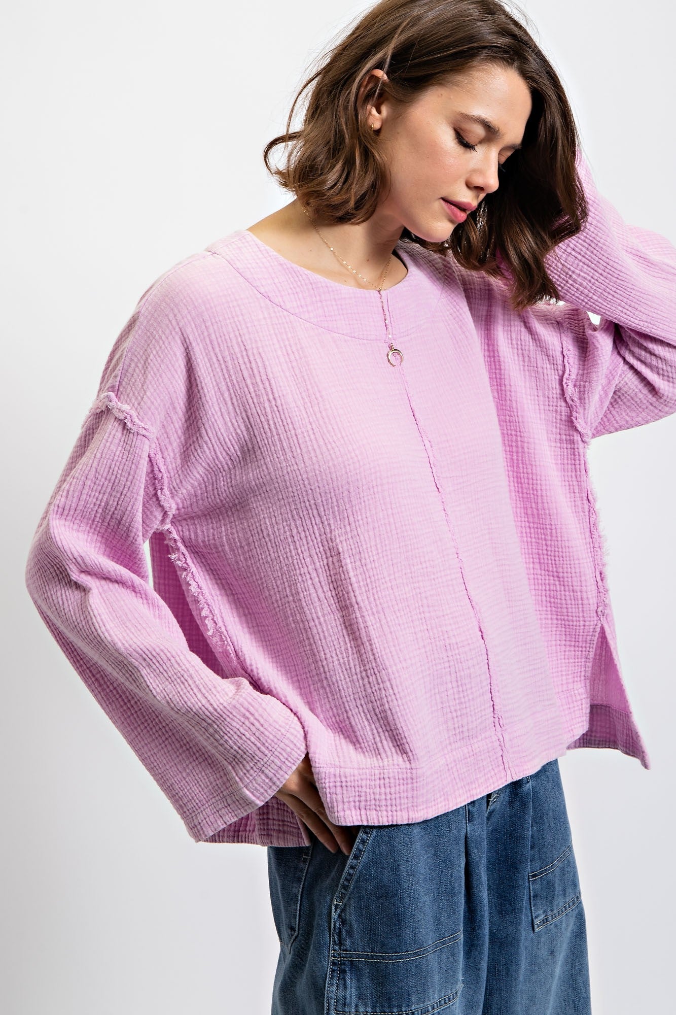 Easel Cotton Gauze Long Sleeve Top in Lilac Pink