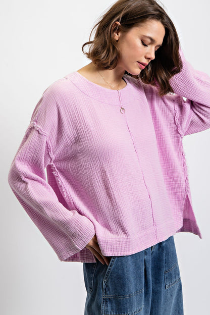 Easel Cotton Gauze Long Sleeve Top in Lilac Pink