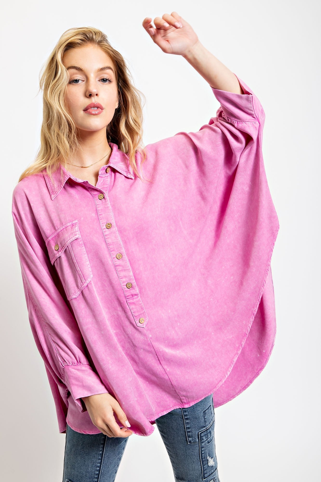 Easel OVERSIZED Solid Color Dolman Sleeve Top in Orchid