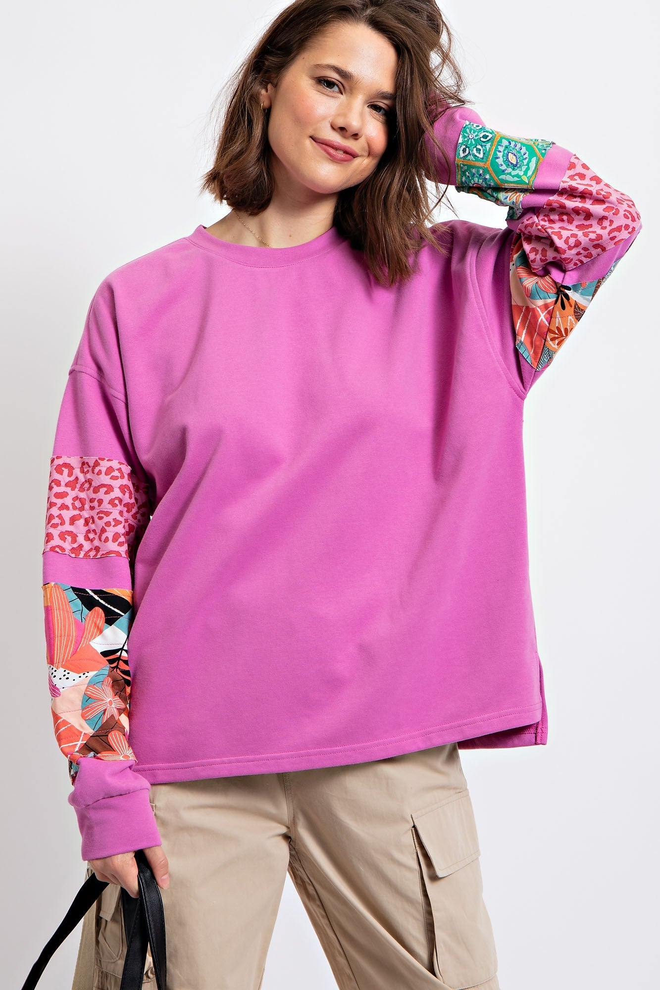 Easel Terry Knit Top with Mixed Print Sleeves in Orchid