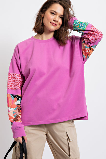 Easel Terry Knit Top with Mixed Print Sleeves in Orchid