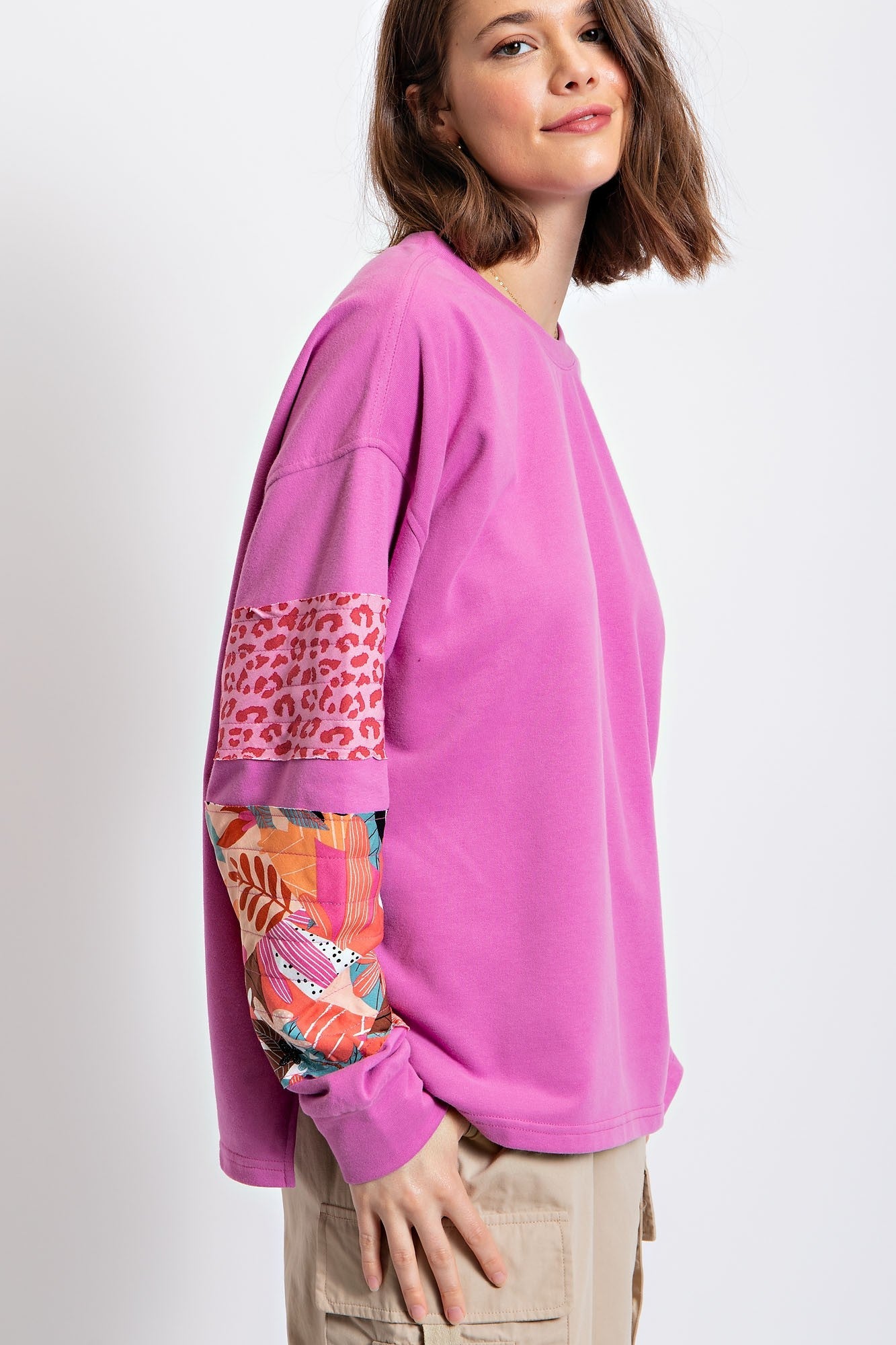 Easel Terry Knit Top with Mixed Print Sleeves in Orchid