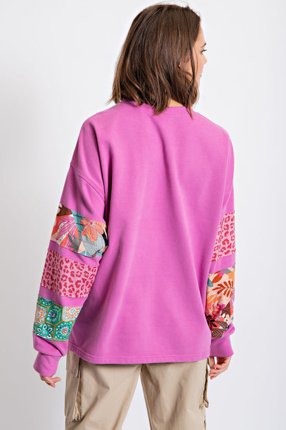 Easel Terry Knit Top with Mixed Print Sleeves in Orchid