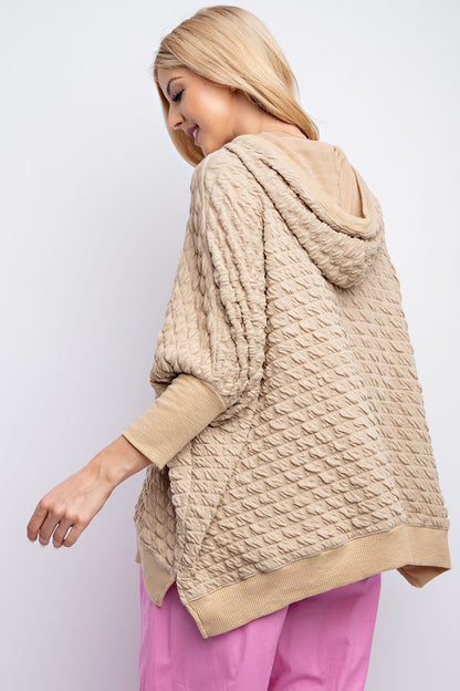 Easel Puffed Textured Hacci Knit Hooded Top in Khaki
