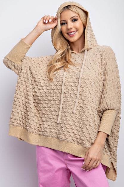Easel Puffed Textured Hacci Knit Hooded Top in Khaki