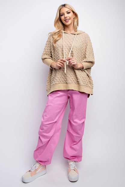 Easel Puffed Textured Hacci Knit Hooded Top in Khaki