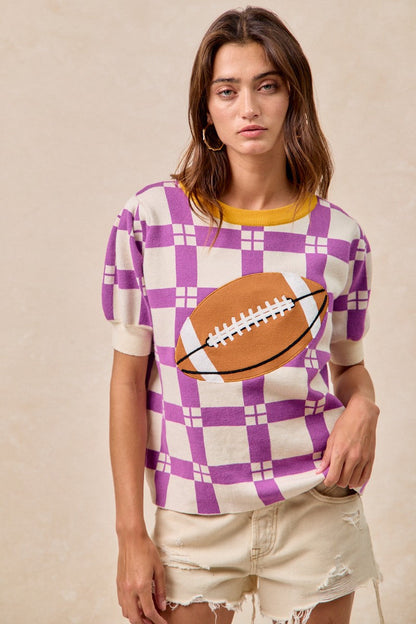 BiBi Knit Sweater Checkered Pattern Top with Football Patched Front in Purple/Gold